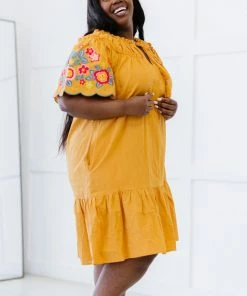 Trendsi Apparel Flowers For You Embroidered Dress In Mustard