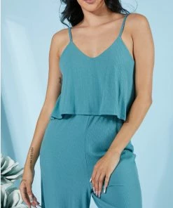 Trendsi Apparel Still Into You Ribbed Jumpsuit In Dusty Teal