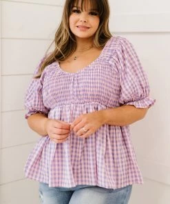 Trendsi Gingham Smocked Babydoll Top In Lavender Pink
