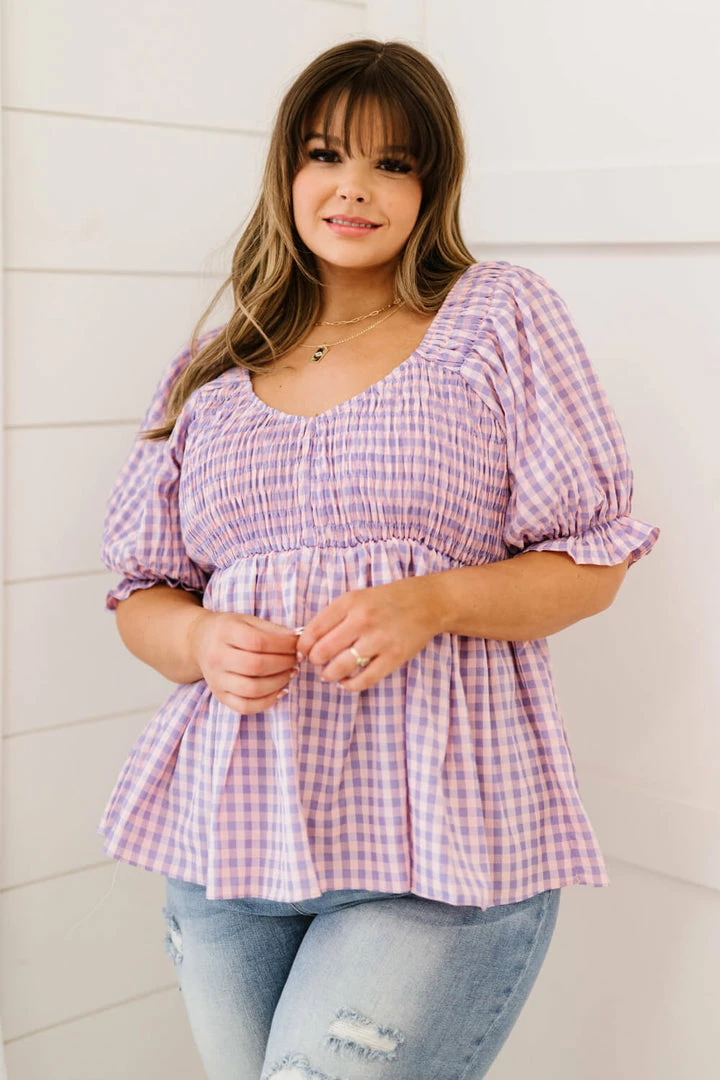Trendsi Gingham Smocked Babydoll Top In Lavender Pink 2 Trendsi Gingham Smocked Babydoll Top In Lavender Pink