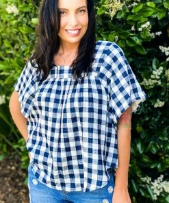 Boutique Simplified Day At The Park Woven Plaid Top