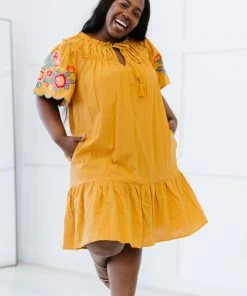 Trendsi Apparel Flowers For You Embroidered Dress In Mustard