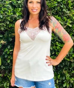Boutique Simplified Delicate Floral Lace Trim Tank