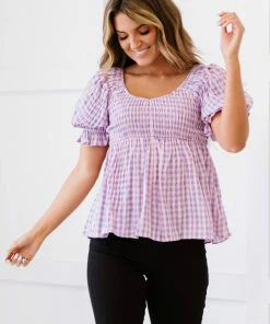 Trendsi Gingham Smocked Babydoll Top In Lavender Pink 15 Trendsi Gingham Smocked Babydoll Top In Lavender Pink