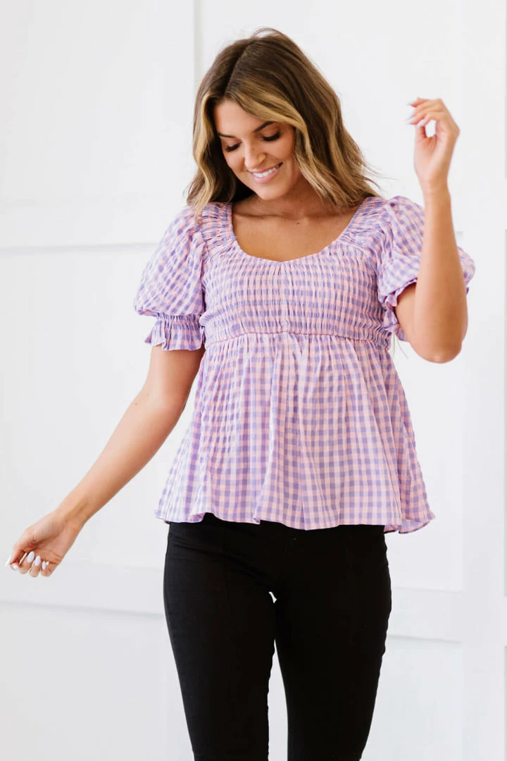 Trendsi Gingham Smocked Babydoll Top In Lavender Pink 6 Trendsi Gingham Smocked Babydoll Top In Lavender Pink