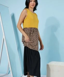 Trendsi Girl Next Door Leopard Color Block Dress In Mustard Apparel