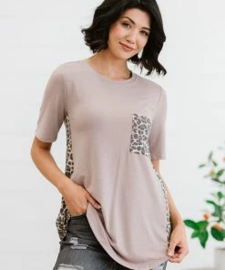 Trendsi Say Anything Leopard Panel Tee In Ash Mocha Apparel