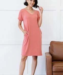 Trendsi Apparel Natural Beauty T-Shirt Dress With Pockets In Ash Mocha & Ash Rose