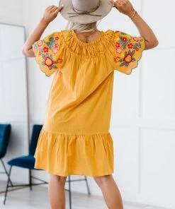Trendsi Apparel Flowers For You Embroidered Dress In Mustard