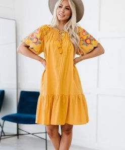 Trendsi Apparel Flowers For You Embroidered Dress In Mustard