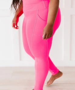 Trendsi Neon Coral Fuchsia Athletic Leggings With Pockets