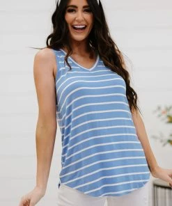 Trendsi Call Me Maybe Striped Tank In Ash Mocha, Black & Spring Blue Apparel