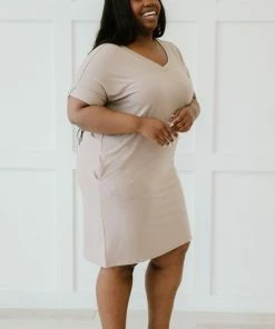 Trendsi Apparel Natural Beauty T-Shirt Dress With Pockets In Ash Mocha & Ash Rose