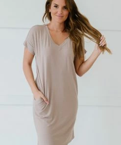 Trendsi Apparel Natural Beauty T-Shirt Dress With Pockets In Ash Mocha & Ash Rose