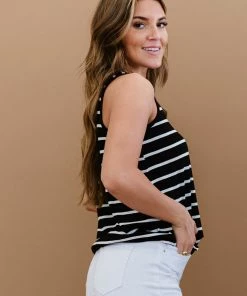 Trendsi Call Me Maybe Striped Tank In Ash Mocha, Black & Spring Blue Apparel