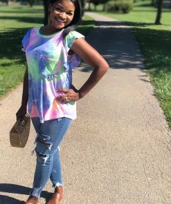 Boutique Simplified Flutter By Tie Dye Ruffled Top