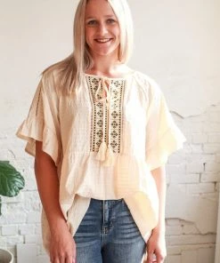 Gigio Back To You Textured Tassel Tie Blouse