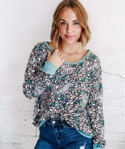 Hopely Long Story Short Teal Animal Print Sweater (GHG-M)