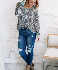 Hopely Long Story Short Teal Animal Print Sweater (GHG-M)