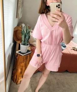 Grey House Goods Break Away French Terry Romper In Pale Pink