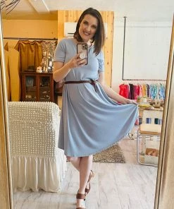 Zenana Jane A-Line Short Sleeve Dress In Dusty Blue Apparel