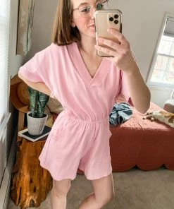 Grey House Goods Break Away French Terry Romper In Pale Pink