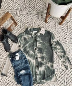 No Ship Drop Ship Speak My Peace Tie Dye Brushed Top In Vintage Olive