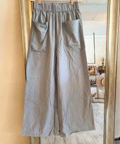Zenana It's The Day Woven Cotton Wide Leg Trouser In Light Grey Blue Apparel