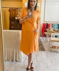 Zenana Jane A-Line Short Sleeve Dress In Tangerine