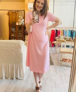 Zenana Jane A-Line Short Sleeve Dress In Dusty Pink Apparel