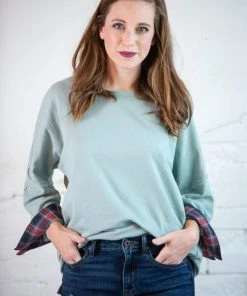 Kori Plaid & Terry Drop Shoulder Top