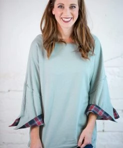 Kori Plaid & Terry Drop Shoulder Top