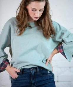 Kori Plaid & Terry Drop Shoulder Top