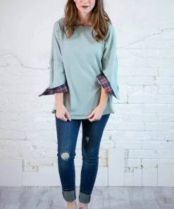 Kori Plaid & Terry Drop Shoulder Top