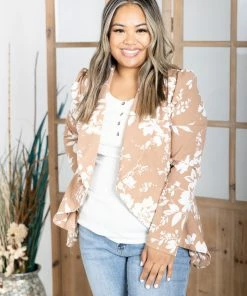 Boutique Simplified Blazer Of Glory - Golden Floral Tops