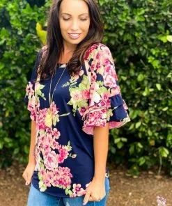 Boutique Simplified Navy Blooms Ruffle Sleeve Top