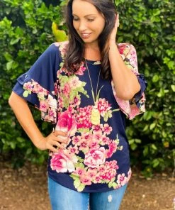 Boutique Simplified Navy Blooms Ruffle Sleeve Top