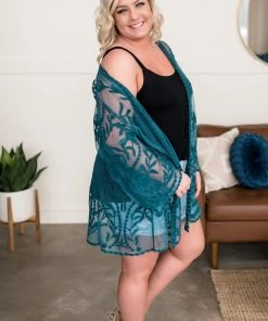No Ship Drop Ship Don't Be Coy Lace Kimono In Teal