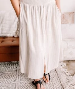 No Ship Drop Ship Fair To Midi Striped Skirt In Oatmeal (GHG-S-L)