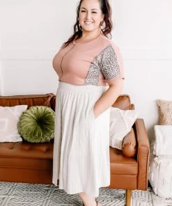 No Ship Drop Ship Fair To Midi Striped Skirt In Oatmeal (GHG-S-L)