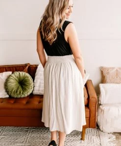 No Ship Drop Ship Fair To Midi Striped Skirt In Oatmeal (GHG-S-L)