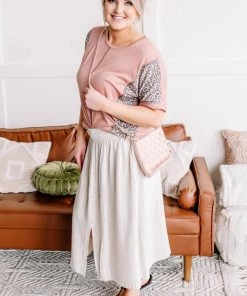 No Ship Drop Ship Fair To Midi Striped Skirt In Oatmeal (GHG-S-L)