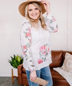 No Ship Drop Ship Tops In My Hood Long Sleeve Floral Top In Ivory (GHG-S)