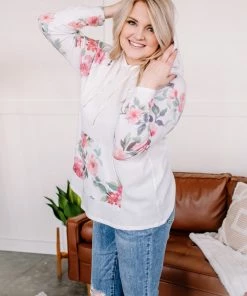 No Ship Drop Ship Tops In My Hood Long Sleeve Floral Top In Ivory (GHG-S)