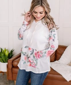 No Ship Drop Ship Tops In My Hood Long Sleeve Floral Top In Ivory (GHG-S)