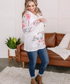 No Ship Drop Ship Tops In My Hood Long Sleeve Floral Top In Ivory (GHG-S)