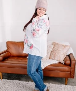 No Ship Drop Ship Tops In My Hood Long Sleeve Floral Top In Ivory (GHG-S)