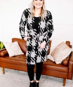 No Ship Drop Ship Journey On Belted Houndstooth Cardigan (GHG-S) Tops