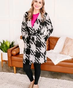 No Ship Drop Ship Journey On Belted Houndstooth Cardigan (GHG-S) Tops