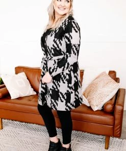 No Ship Drop Ship Journey On Belted Houndstooth Cardigan (GHG-S) Tops